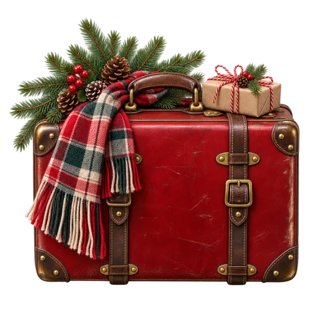 A red vintage suitcase carries evergreen branches, gifts and a plaid scarf