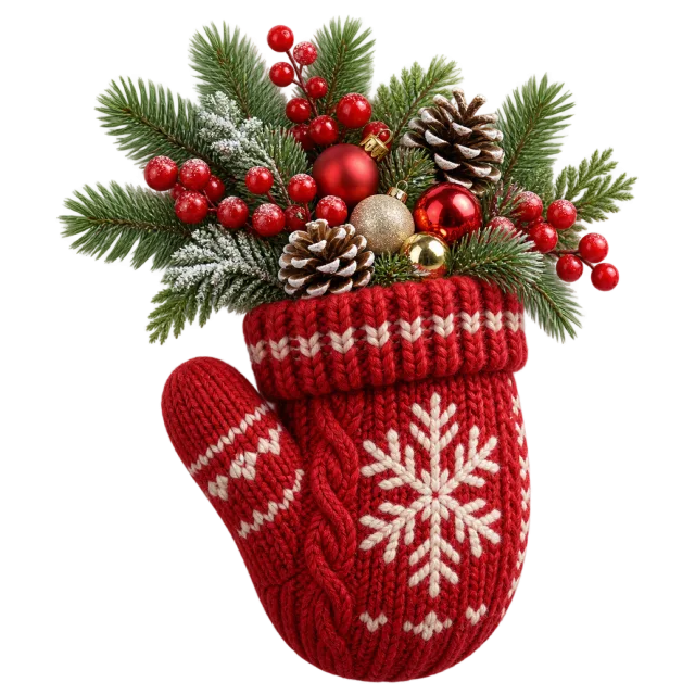 A red knitted mitten holds evergreen branches, pinecones and berries