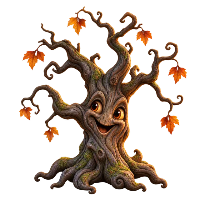 Twisted tree with a smiling face, curling branches and scattered orange leaves on a transparent background