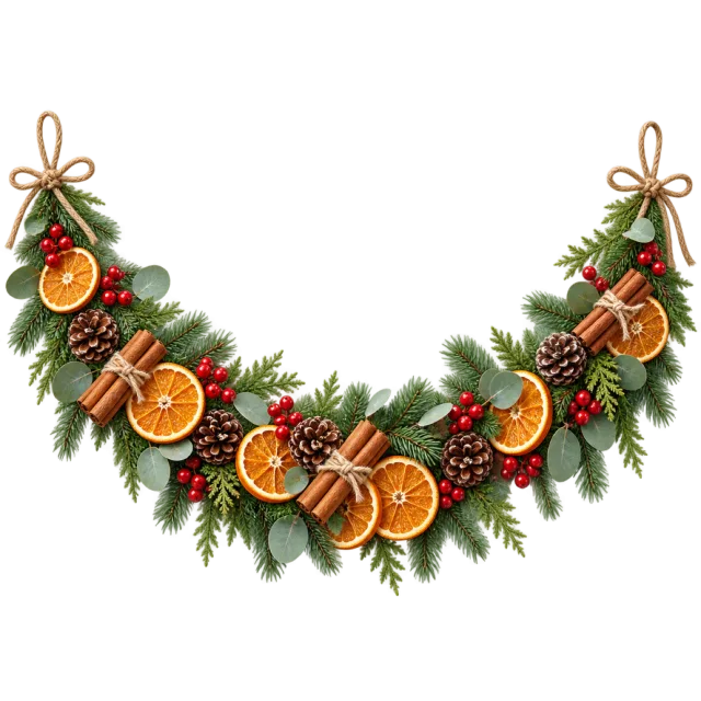 Evergreen garland is decorated with orange slices and cinnamon sticks