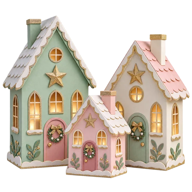 Three pastel paper-style houses have stars and snowy roofs