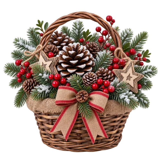 A wicker basket holds pinecones, evergreen sprigs and star decorations