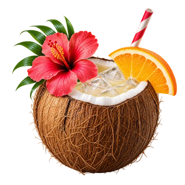A coconut drink has an orange slice, red flower and striped straw