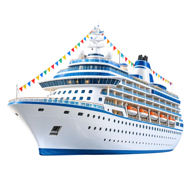 A white cruise ship has blue decks and colorful pennants