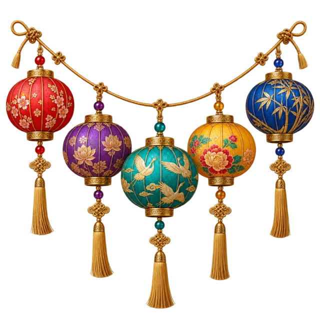 Colorful round lanterns hang from a curved cord with tassels