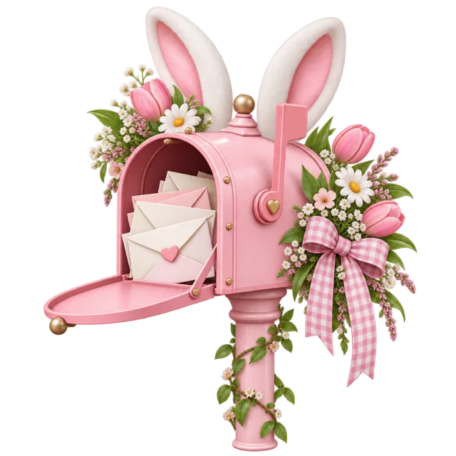 A pink bunny-eared mailbox is decorated with flowers and hanging ribbons