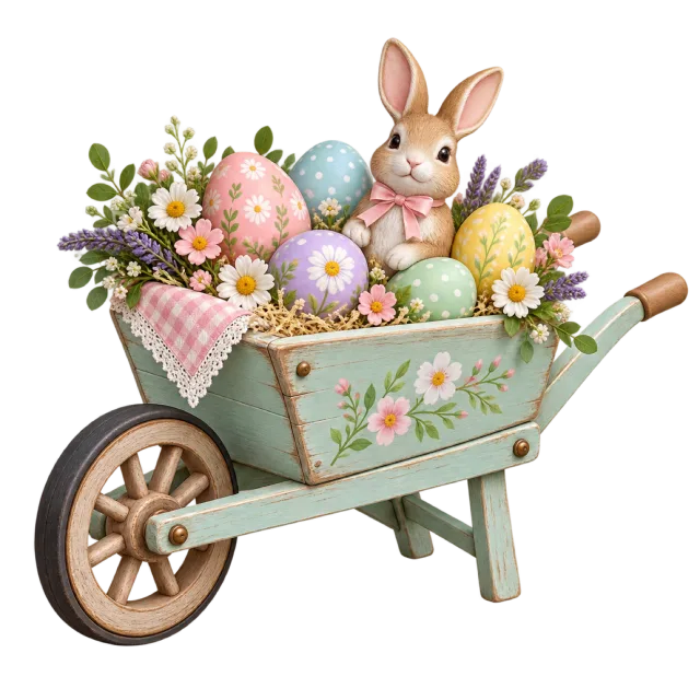 A pale green wheelbarrow holds a rabbit, eggs and spring flowers