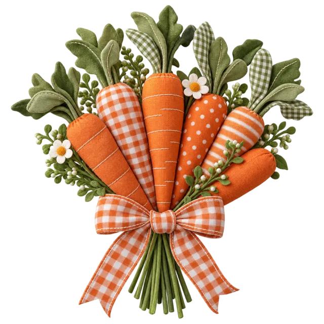 Fabric-style orange carrots and green leaves are tied with a checked bow