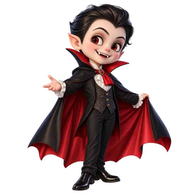 Smiling cartoon vampire with black hair, pointed ears and an open red-lined black cape on a transparent background