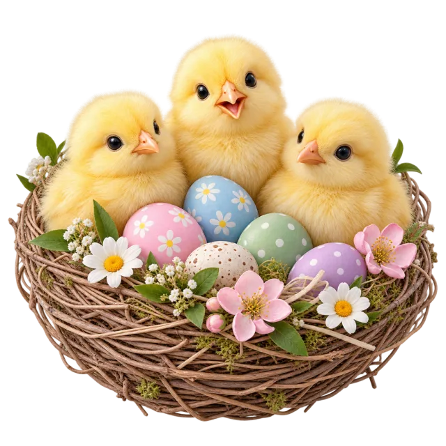 Three yellow chicks sit in a nest with pastel eggs and flowers