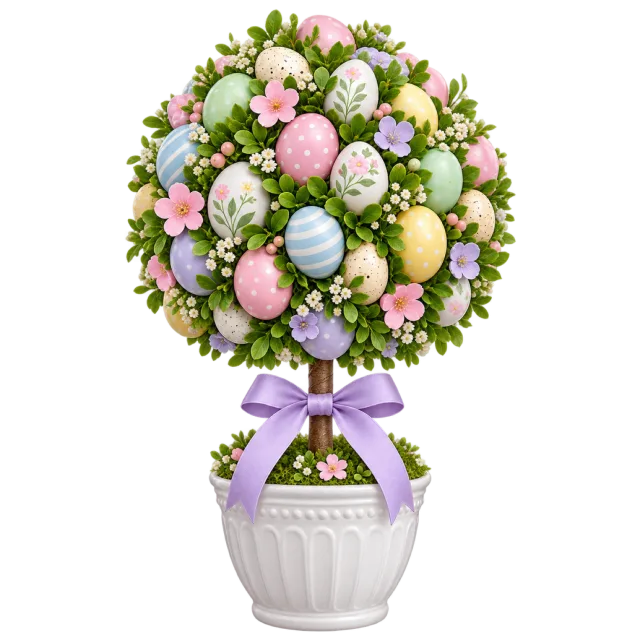 A round pastel egg and flower topiary stands in a white pot