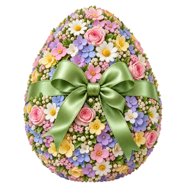 A large floral-patterned egg is tied with a green bow
