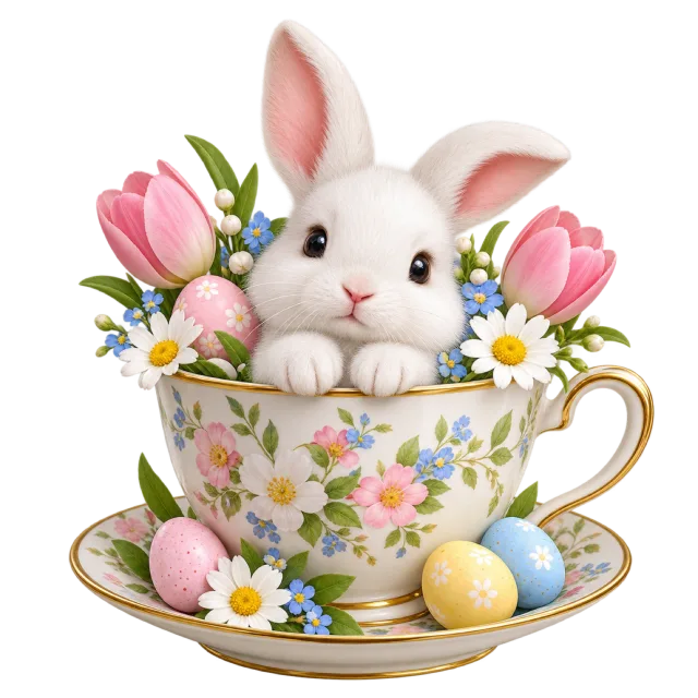 A white rabbit sits in a floral teacup with pastel eggs