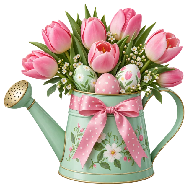 A pale green watering can holds pink tulips and decorated eggs