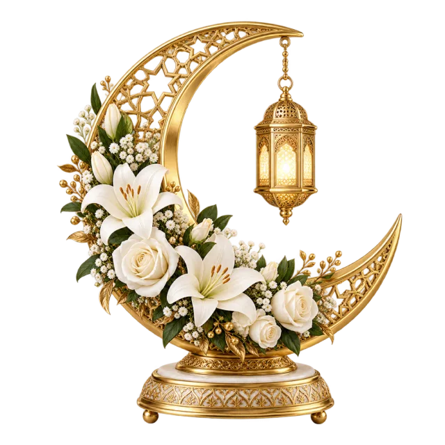 A gold-colored crescent holds white flowers and a hanging lantern