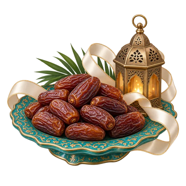 Dates sit on a green decorative platter beside a glowing lantern