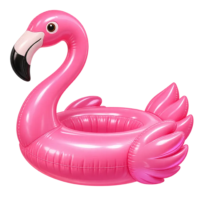 A bright pink flamingo-shaped pool float has a raised neck
