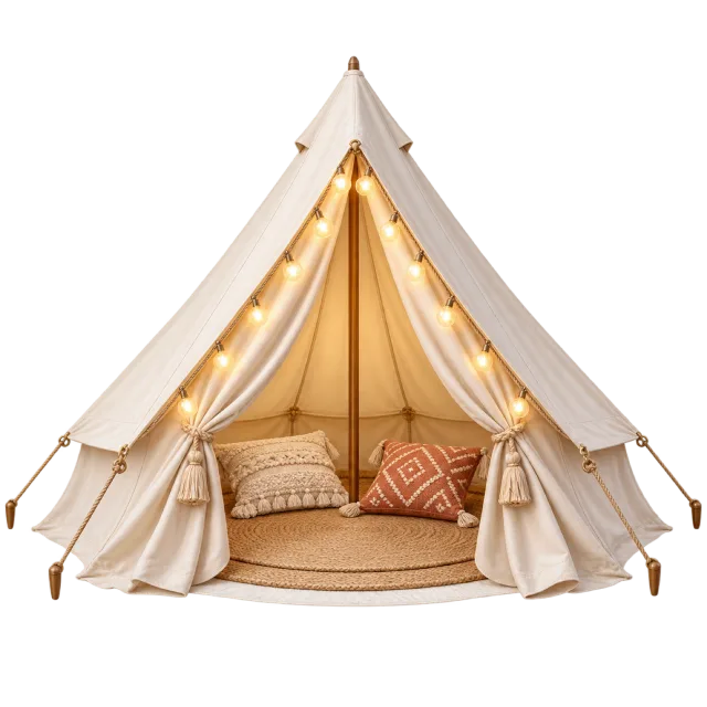 An open cream bell tent contains cushions and warm string lights