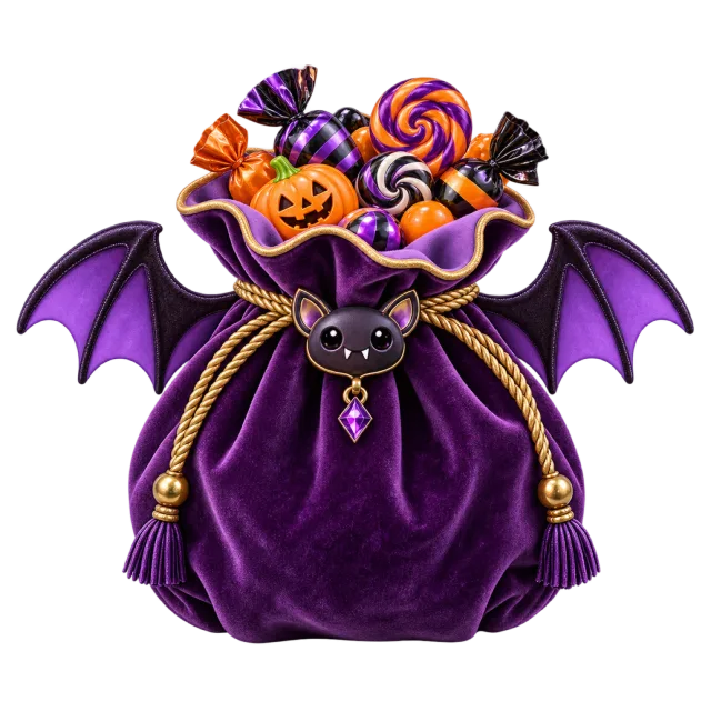 A purple bat-wing pouch holds colorful Halloween sweets