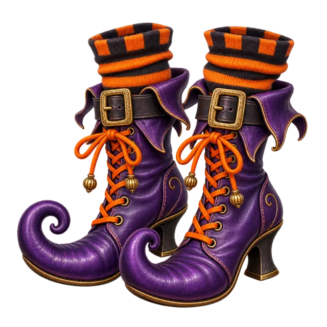 Pair of curled purple witch boots with gold buckles, orange laces and striped cuffs on a transparent background