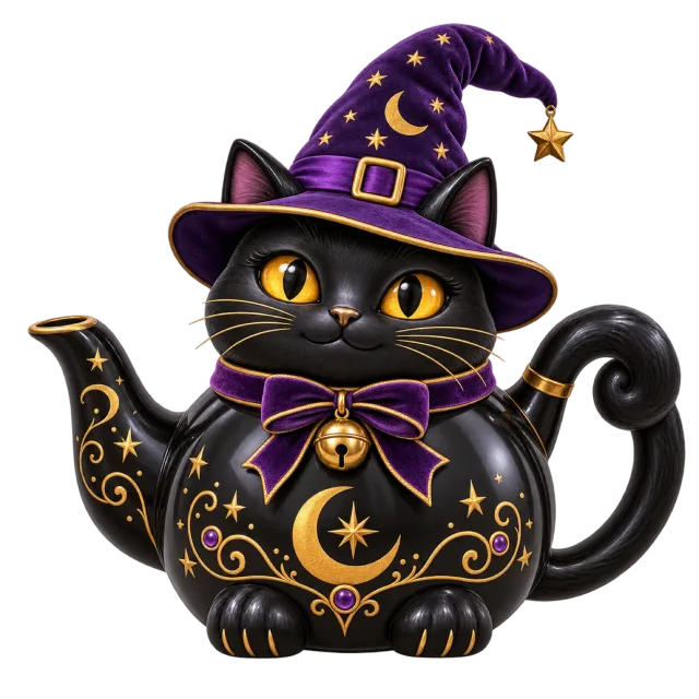 A black cat-shaped teapot wears a purple witch hat