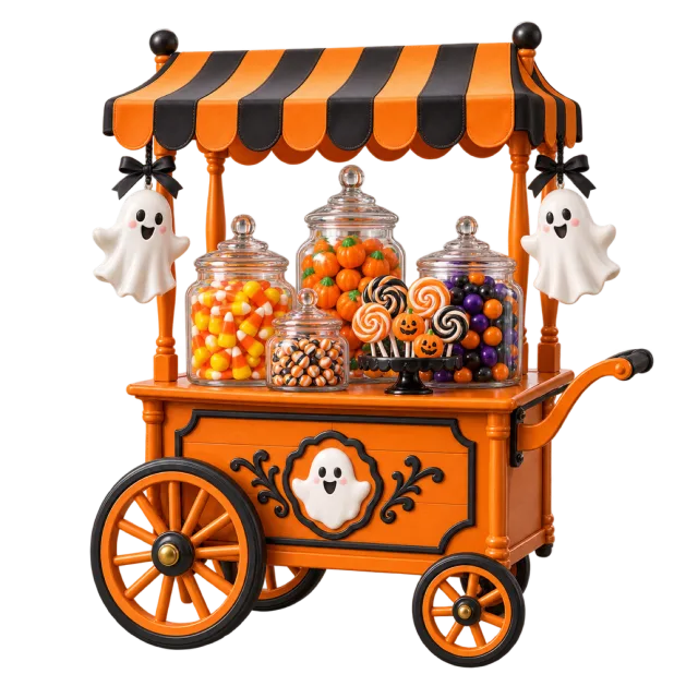 An orange candy cart has a striped canopy and ghost decorations