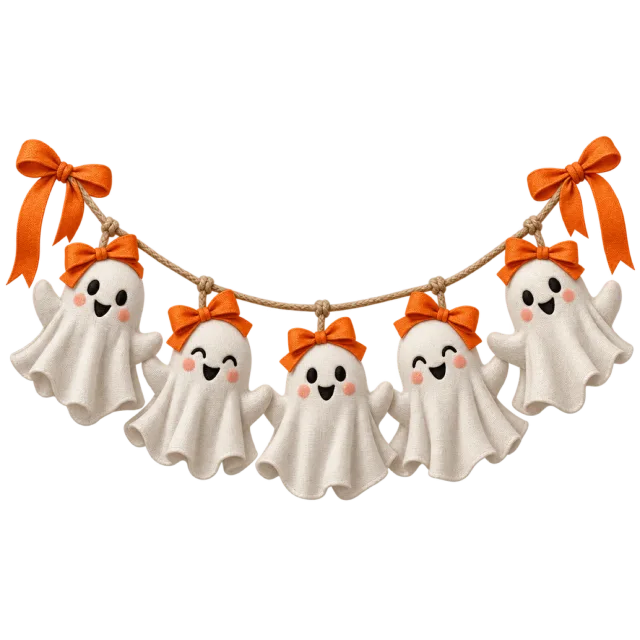 White ghost figures hang from a cord with orange bows