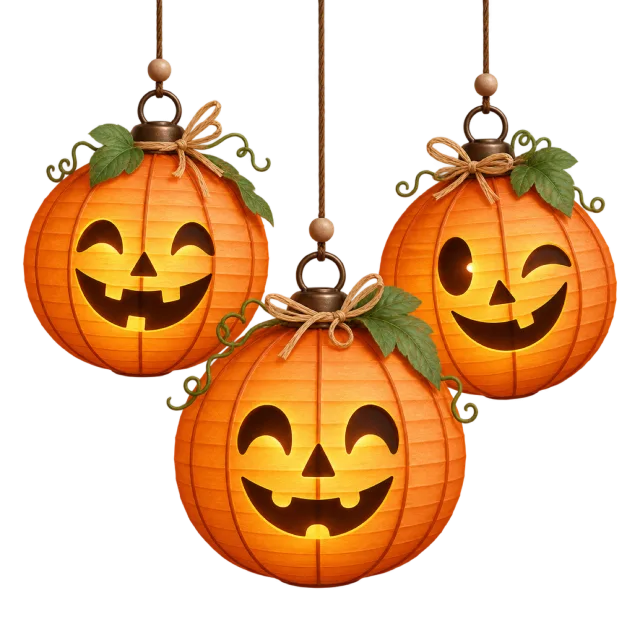 Three orange jack-o-lanterns hang from cords