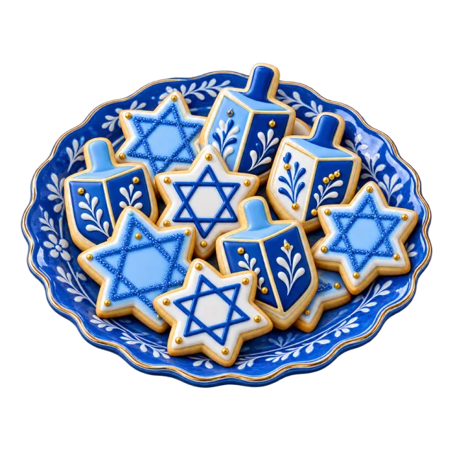 Blue and white star-shaped cookies sit on a blue decorative platter