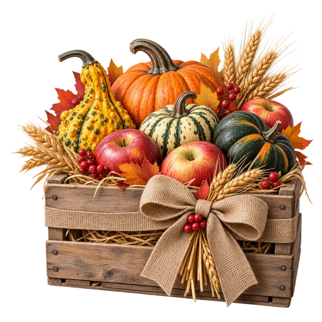 A wooden crate holds pumpkins, apples, corn and wheat
