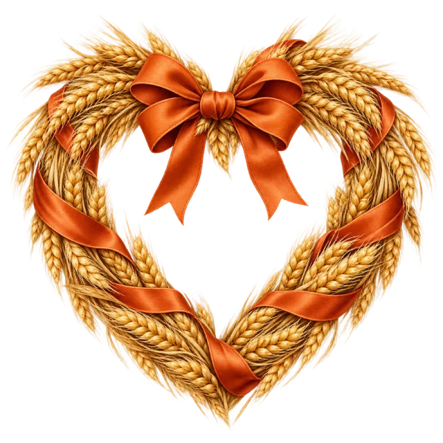 Golden wheat stalks form a heart tied with an orange bow