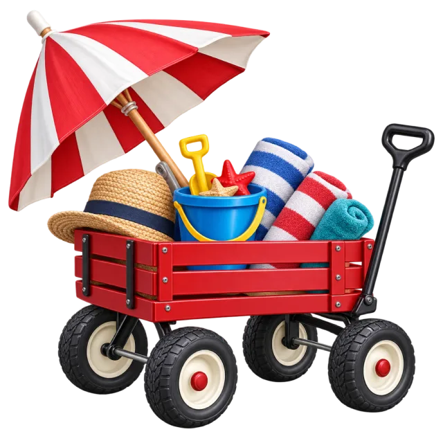A red beach wagon carries a striped umbrella and beach supplies