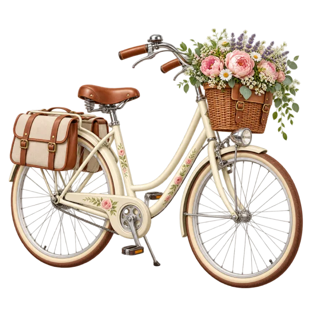 A cream bicycle has a flower-filled front basket and rear luggage