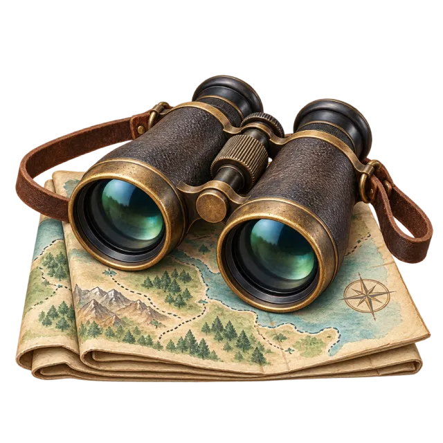 Black binoculars rest on a folded illustrated map
