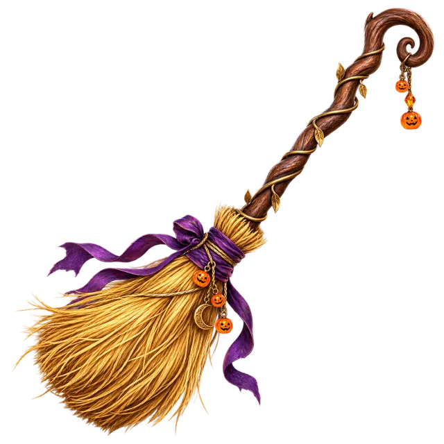Golden straw broom with a curled wooden handle, purple ribbon and pumpkin charms on a transparent background