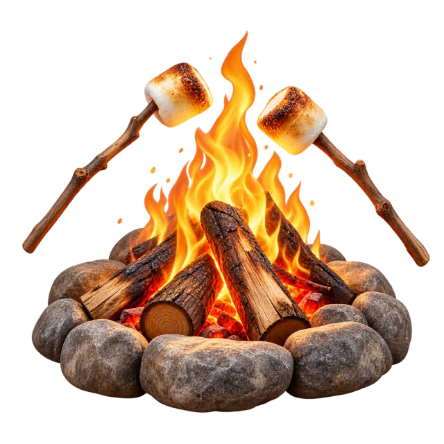 Toasting marshmallows surround a campfire inside a stone ring