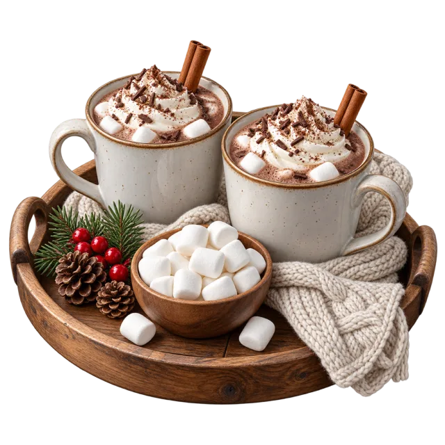 Two cocoa mugs and marshmallows sit on a tray with evergreen sprigs