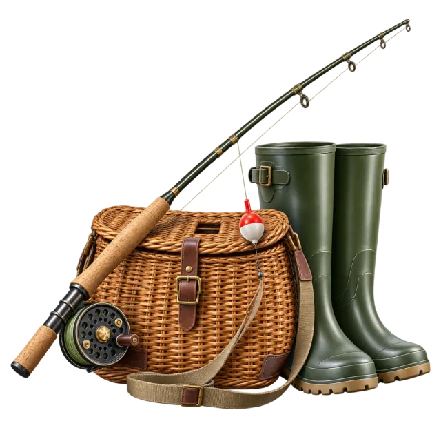 A fishing rod, wicker basket and green boots form an outdoor kit