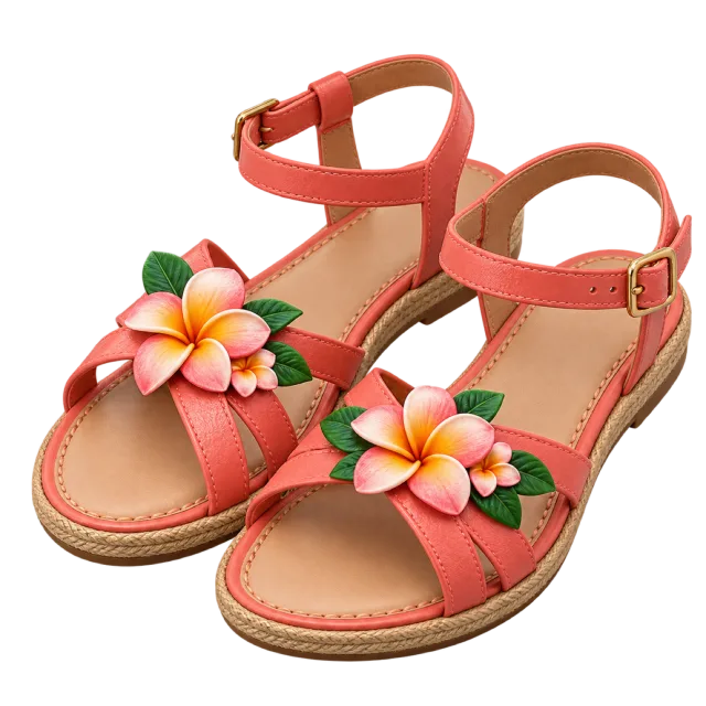 Coral ankle-strap sandals are decorated with tropical flowers