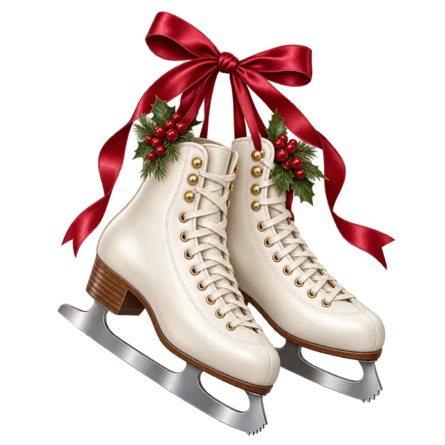 White ice skates are tied with a red bow and evergreen accents
