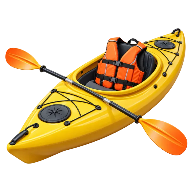 A yellow kayak carries an orange life jacket and paddle