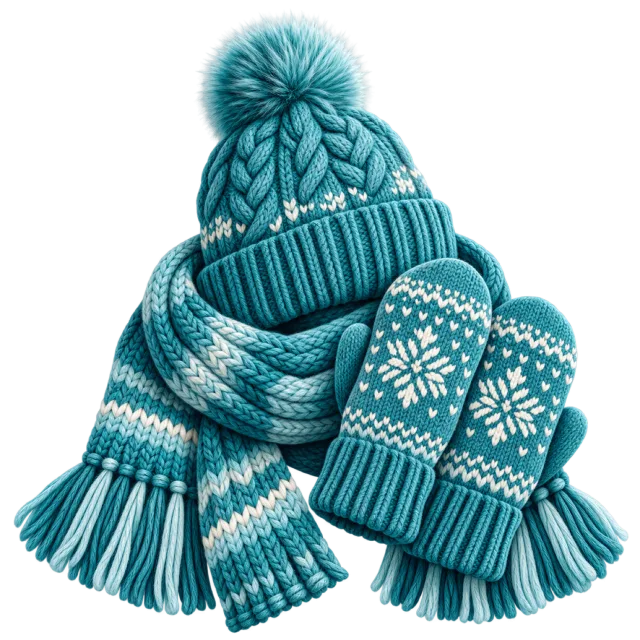 A teal knitted hat, scarf and mittens have white winter patterns