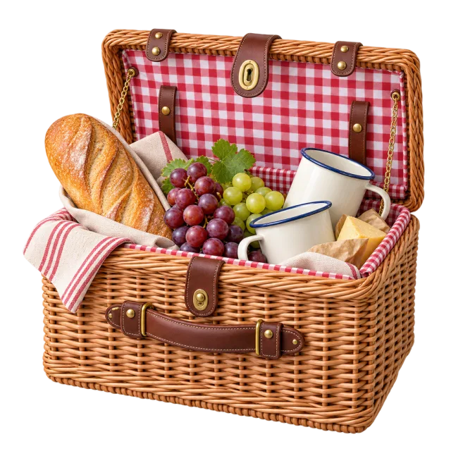 An open wicker hamper holds bread, grapes, cups and checked lining