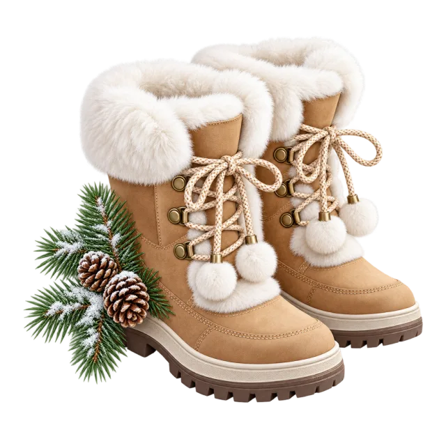 Tan fur-trimmed boots stand beside evergreen sprigs and pinecones