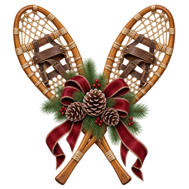 Wooden snowshoes cross beneath pinecones and a burgundy bow