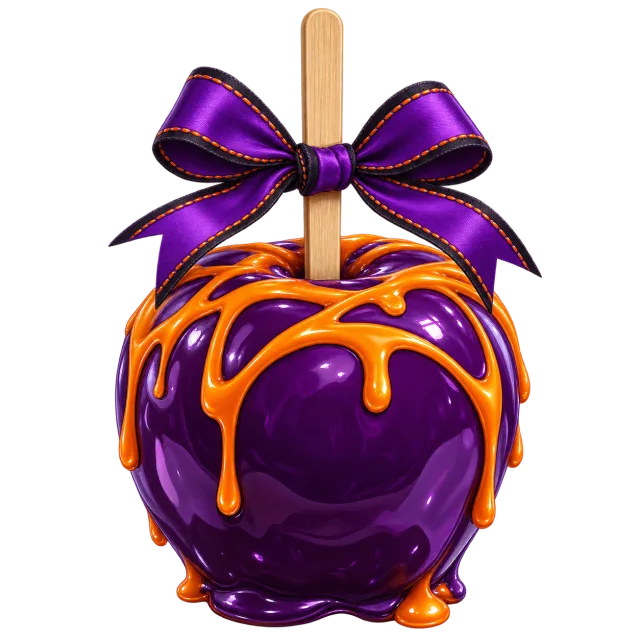 Glossy purple candy apple with orange drizzle, a wooden stick and a purple bow on a transparent background