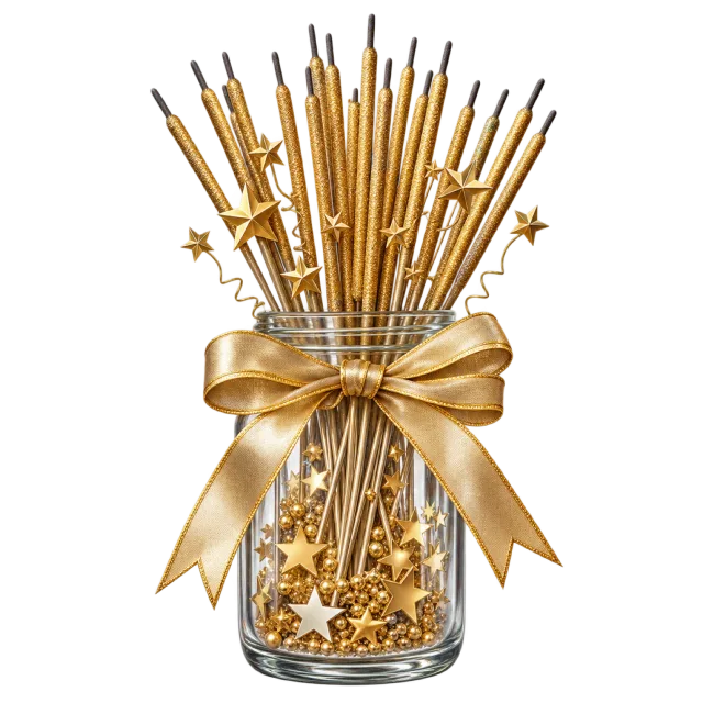 A clear jar holds sparklers and gold-colored stars beneath a bow