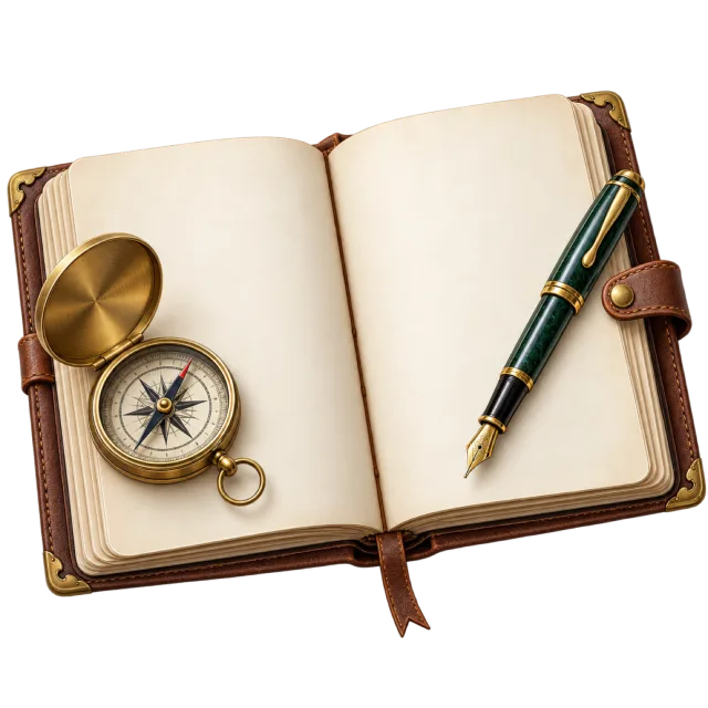 An open travel journal holds a compass and green pen
