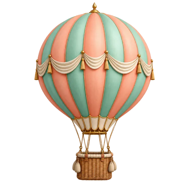 A pastel mint and coral hot air balloon has a wicker basket