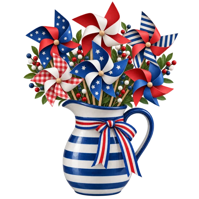 Red, white and blue pinwheels fill a striped jug